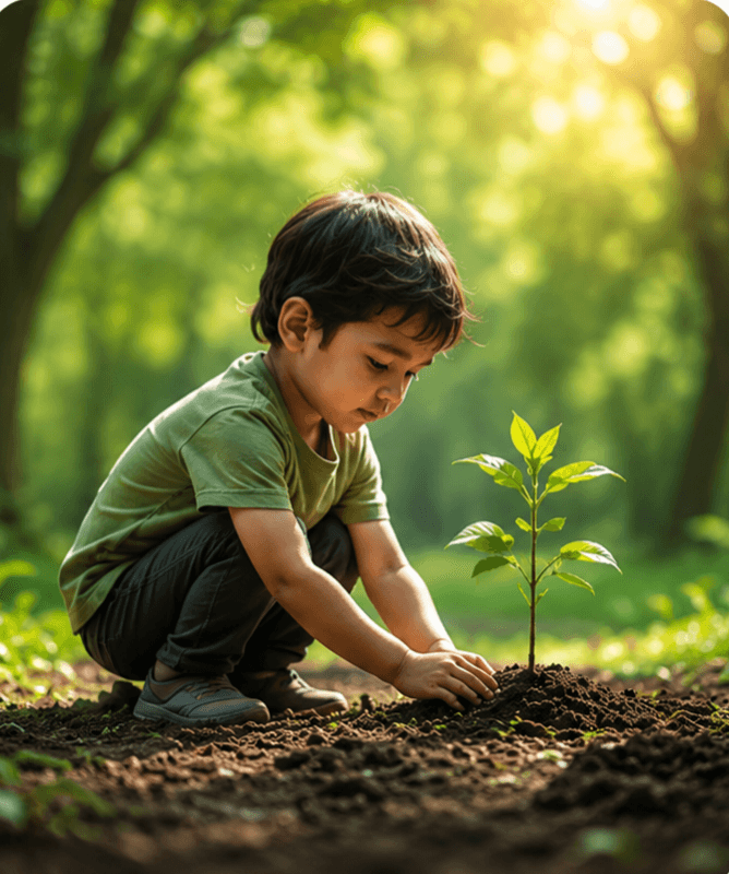 Child planting a tree in a forest
